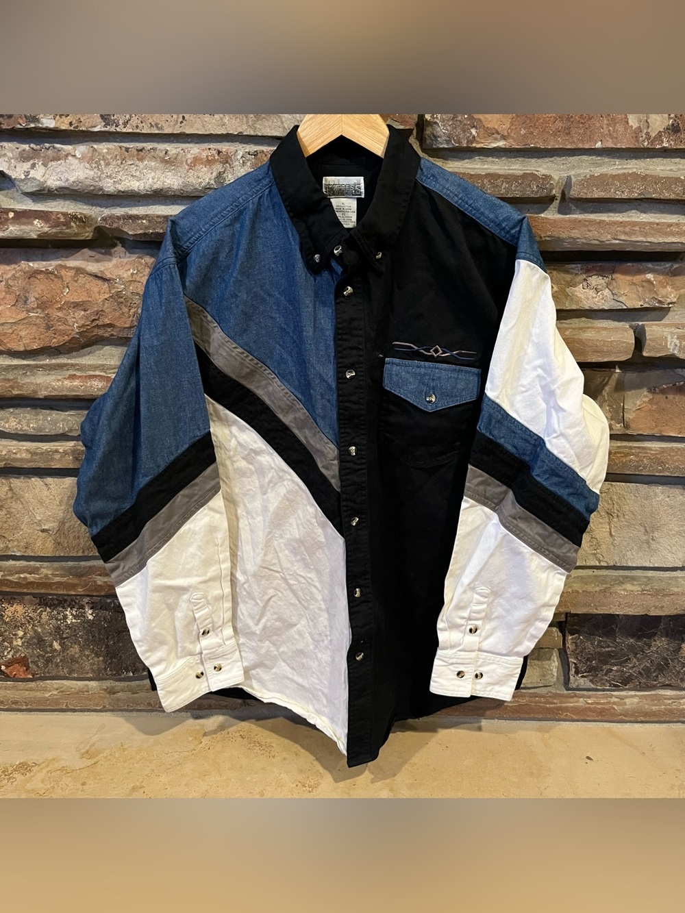 Vintage 90s Express Rider Colorblock Denim Western Shirt - Blue, Black, White